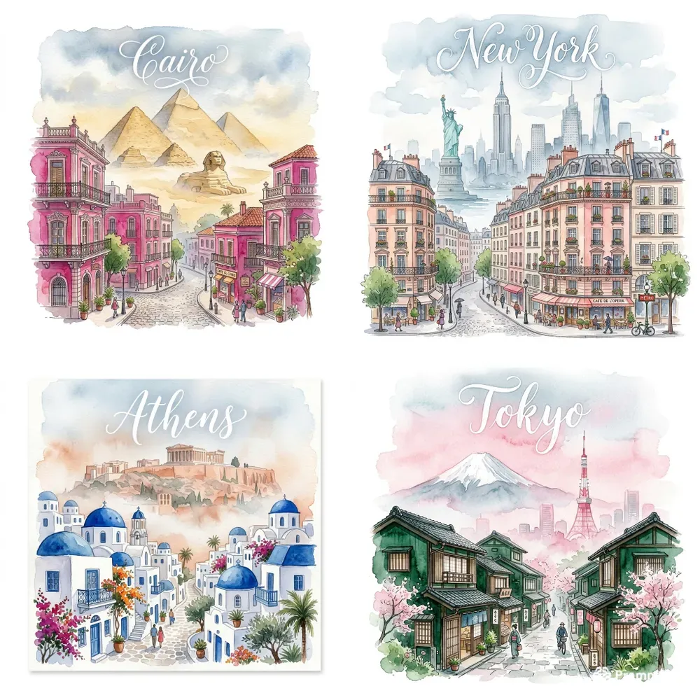 Whimsical Watercolor City Mashup Posters