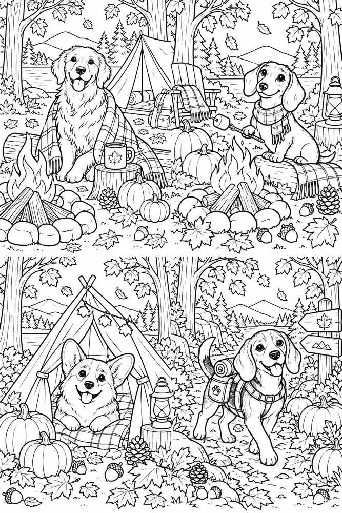 Cozy Fall Camping Dogs Coloring Pages