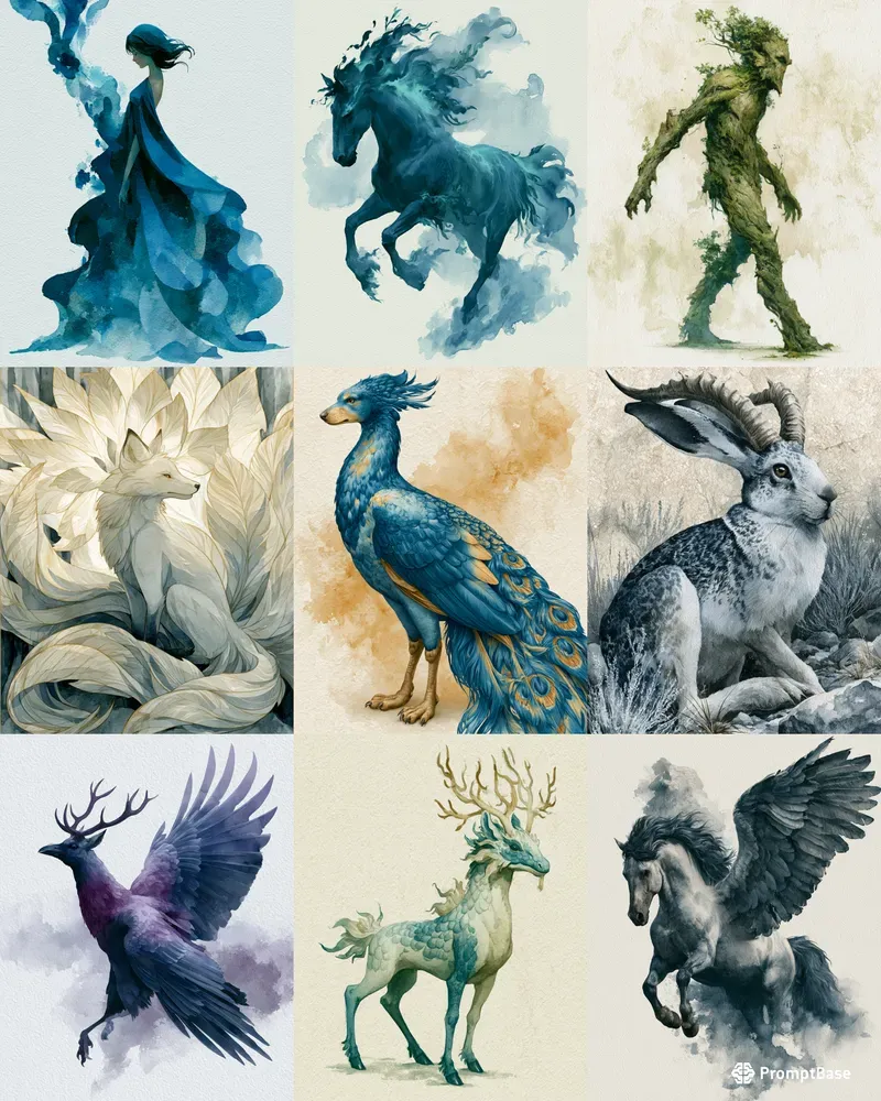 Flat 2D Watercolor Mythical Creatures
