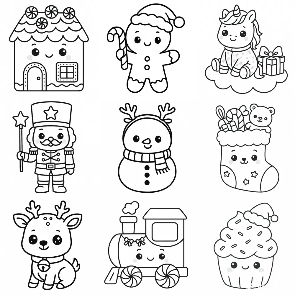Cute Kawaii Christmas Easy Coloring Pages