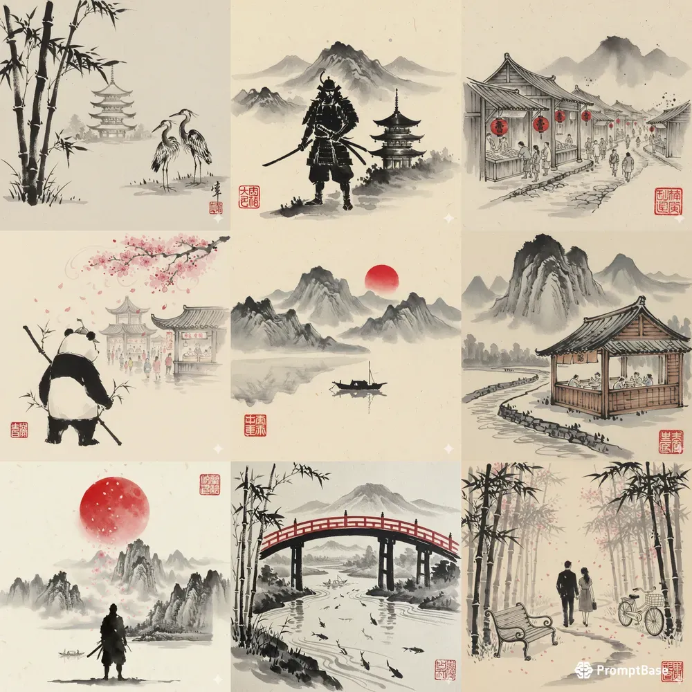 Vintage Ink Art Japanese Painting Style