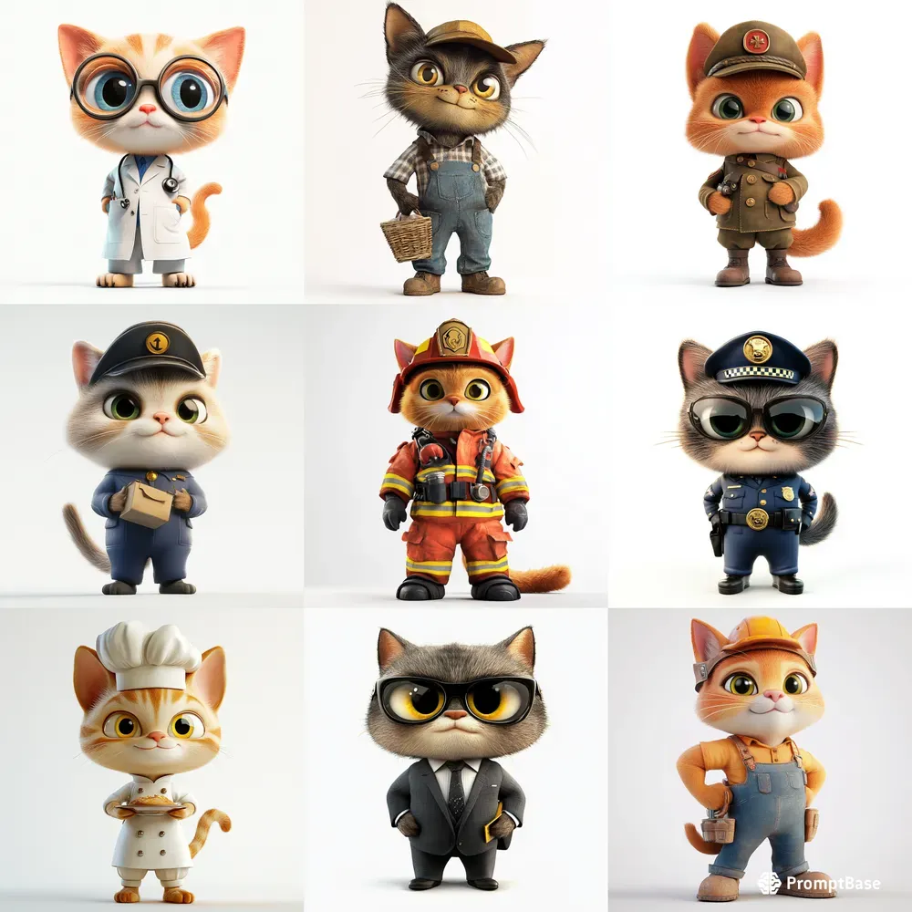 Cute 3D Job Cats On White Background