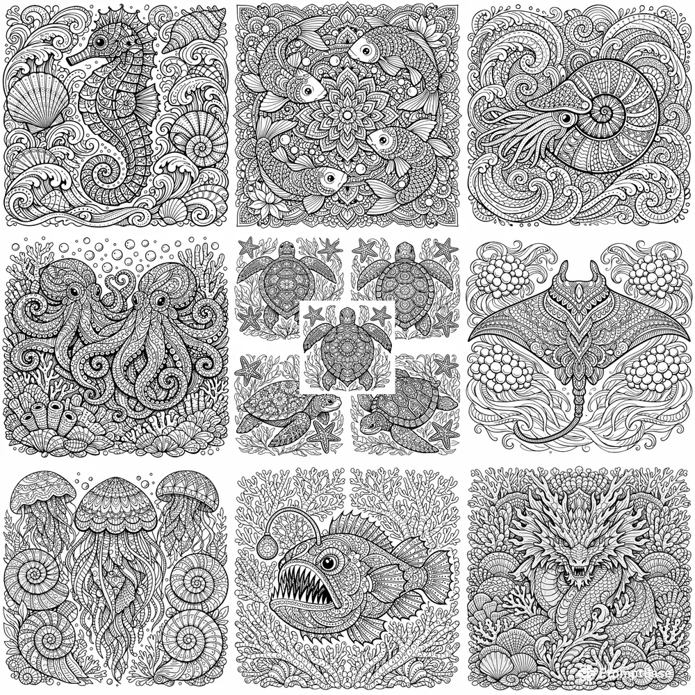 Intricate Sea Life Line Art