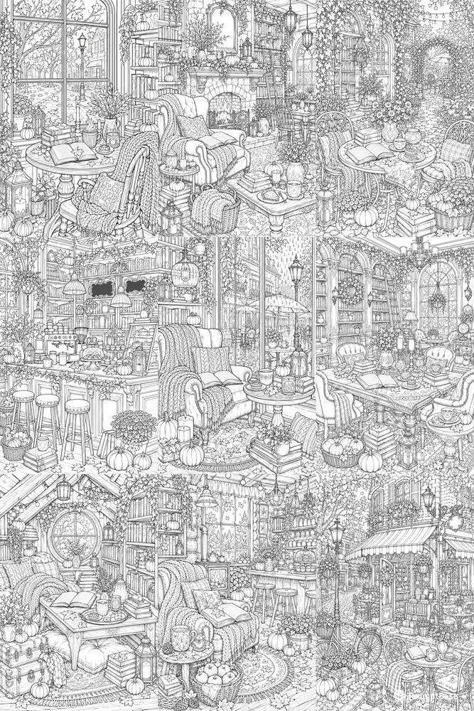 Cozy Autumn Book Cafe Adult Line Art