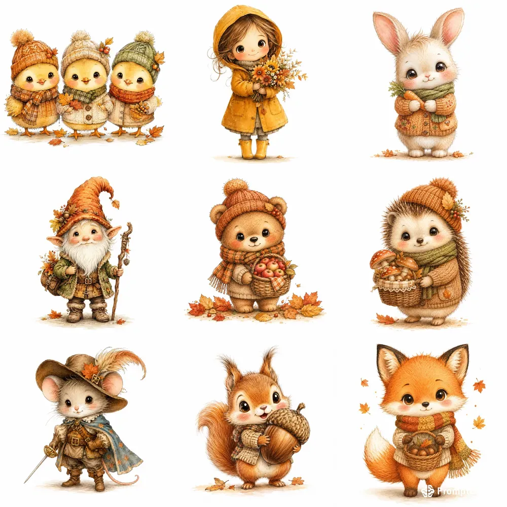 Cute Autumn Character Watercolor Cliparts