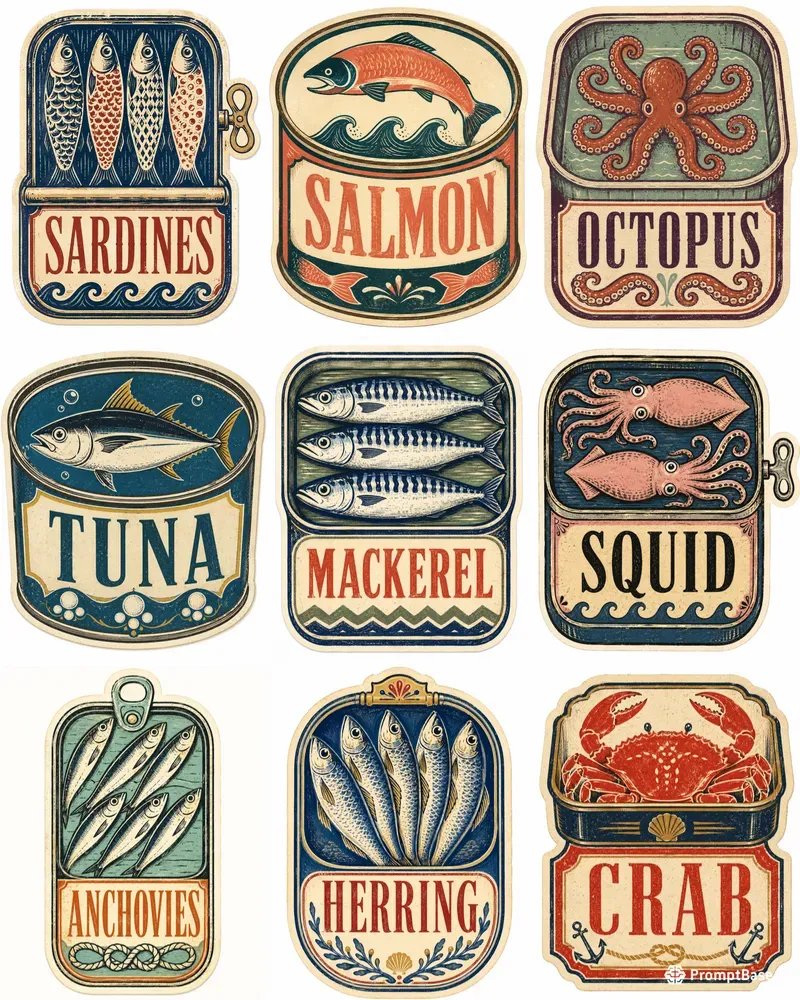 Vintage Seafood Label Stickers