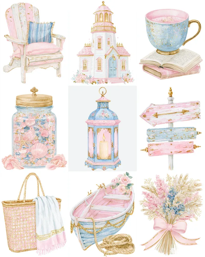 Coastal Cottage Watercolor Clipart