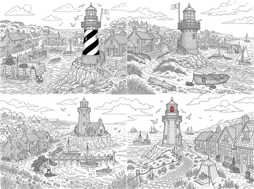 Lighthouse Coastal Town Coloring Pages