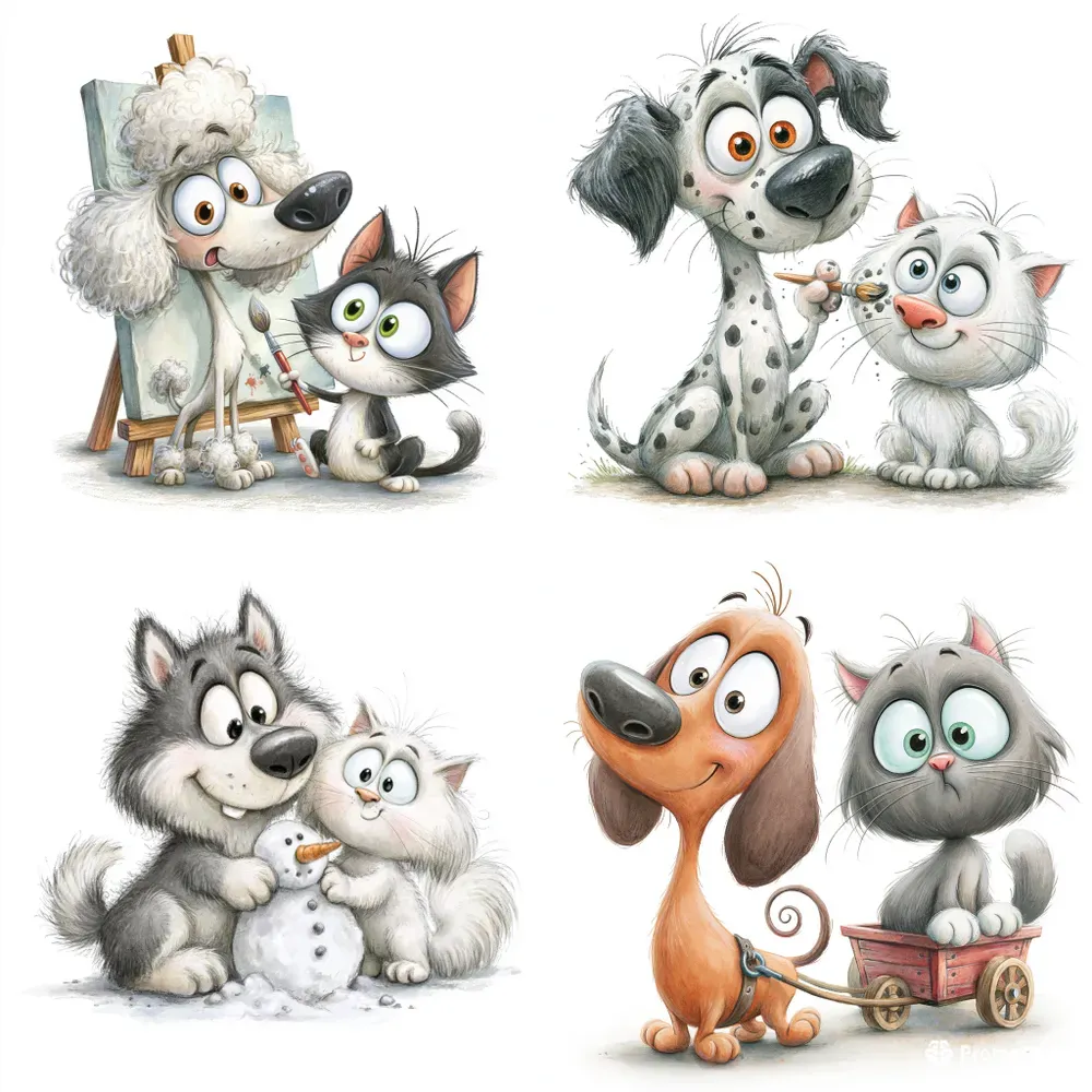 Funny Watercolor Dog And Cat Clipart