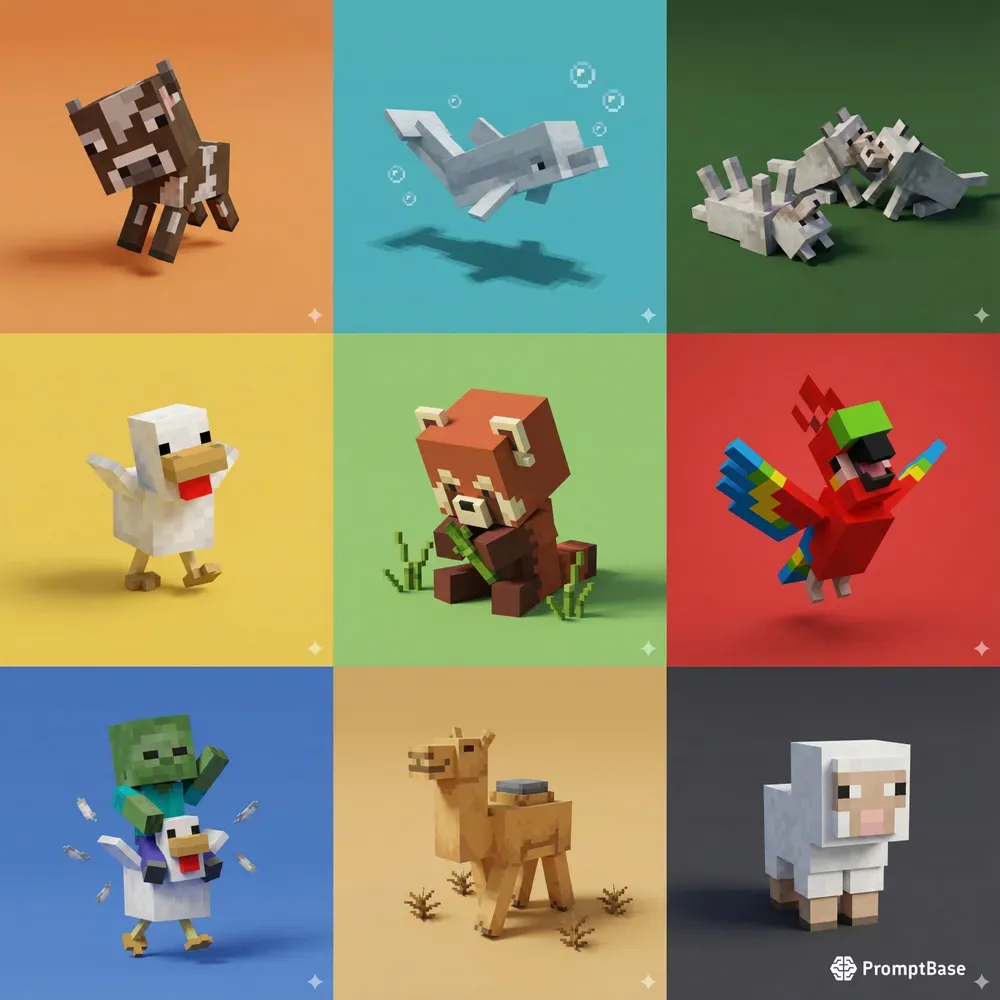 3D Voxel Baby Animals In Minecraft Style