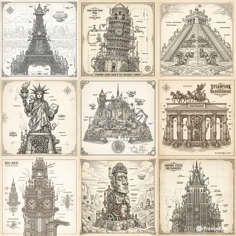 Steampunk Monument Line Art Generator