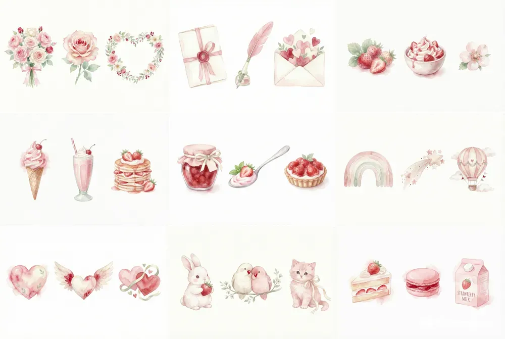 Coquette Strawberries Cream Clipart Sets