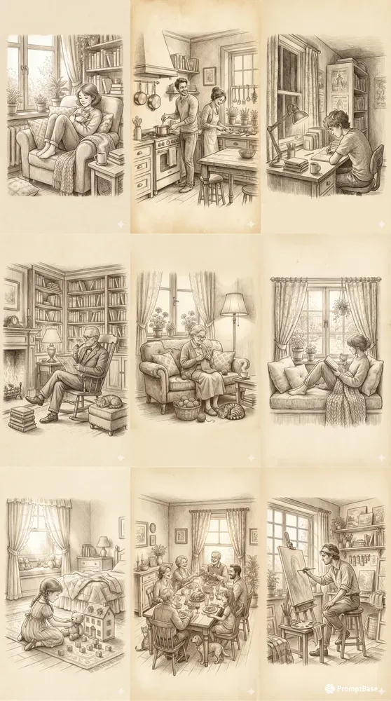 Cozy Pencil Sketch Interior Illustrations