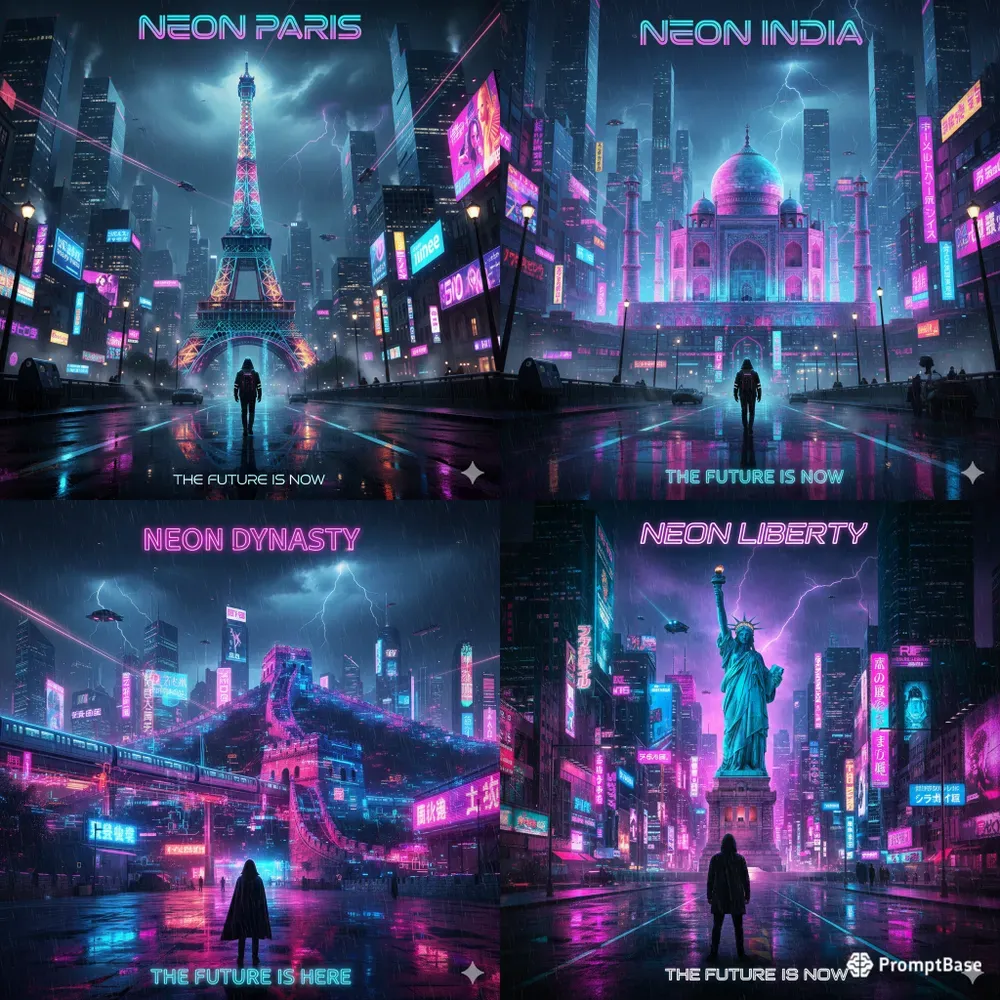 Cyber Neon World Wonders Poster Makers