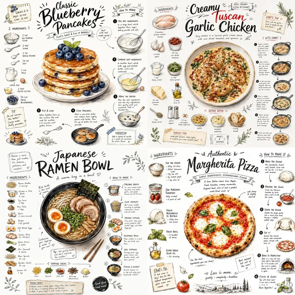 Handwritten Illustrated Recipe Posters