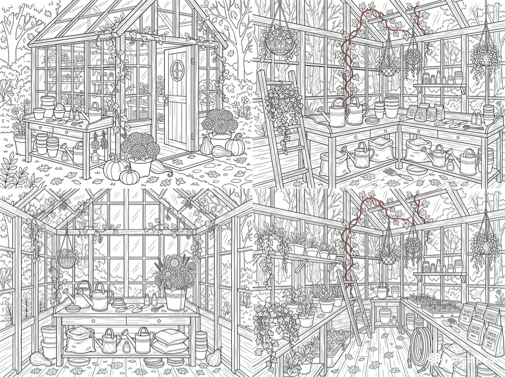 Cozy Autumn Greenhouse Coloring Pages