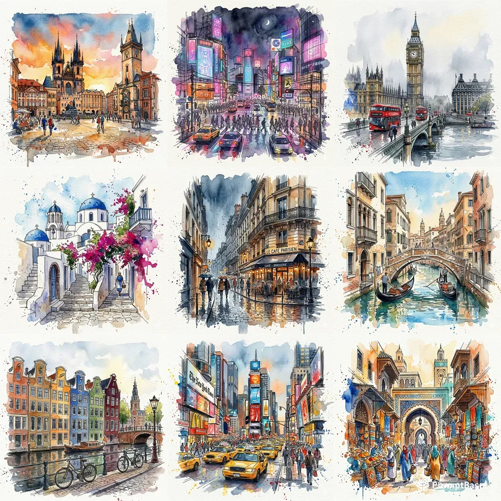 Watercolor Ink City Sketches