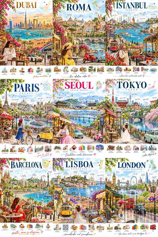 Vibrant Watercolor City Travel Posters