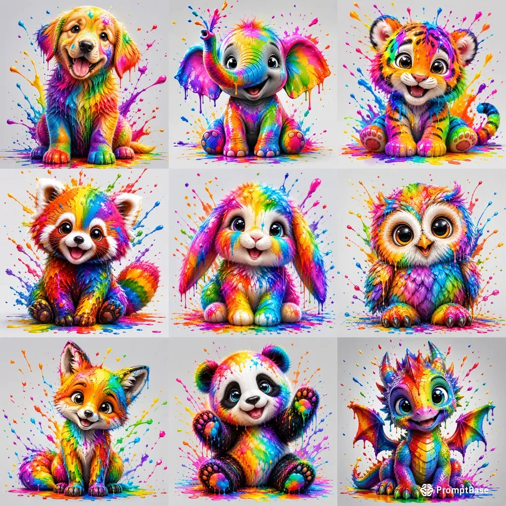 Rainbow Paint Splash Cartoon Characters
