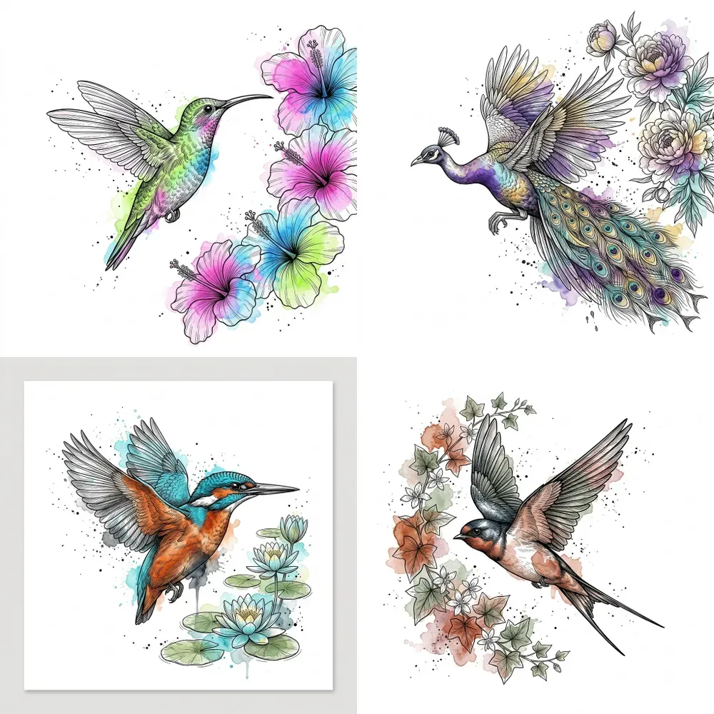 Ink Watercolor Bird Art