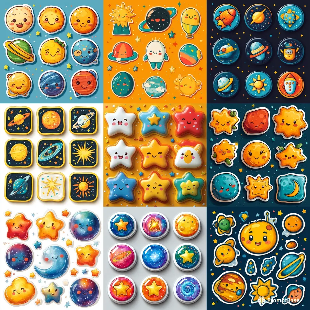 Whimsical Cosmic Sticker Designs