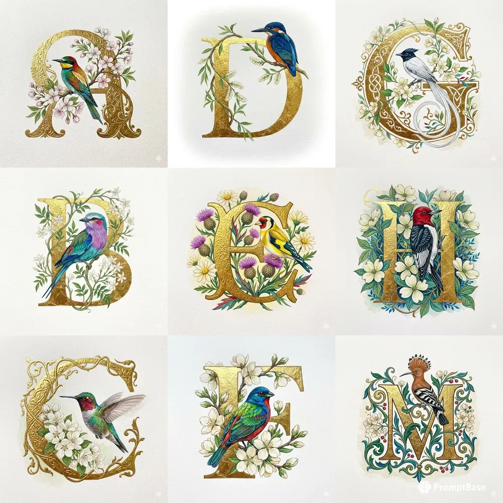 Golden Illuminated Avian Initials