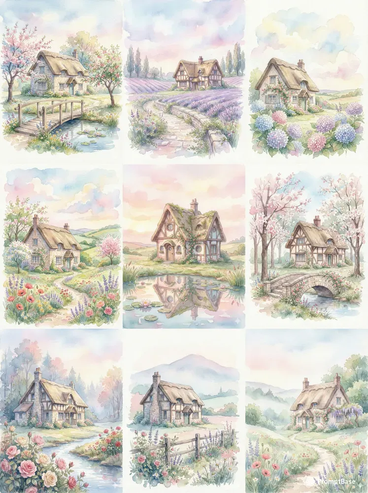 Dreamy Watercolor Cottage Landscapes