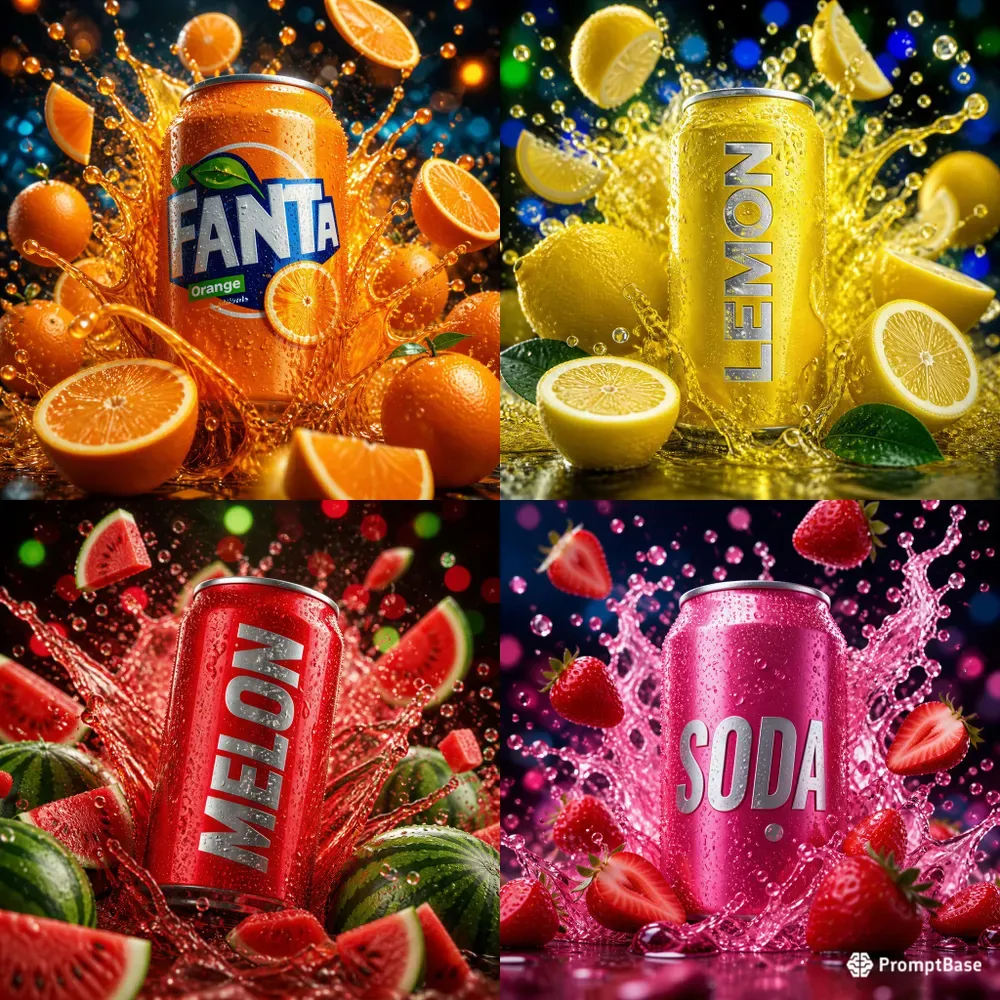 Explosive Fruit Soda Can Mockup Splashes