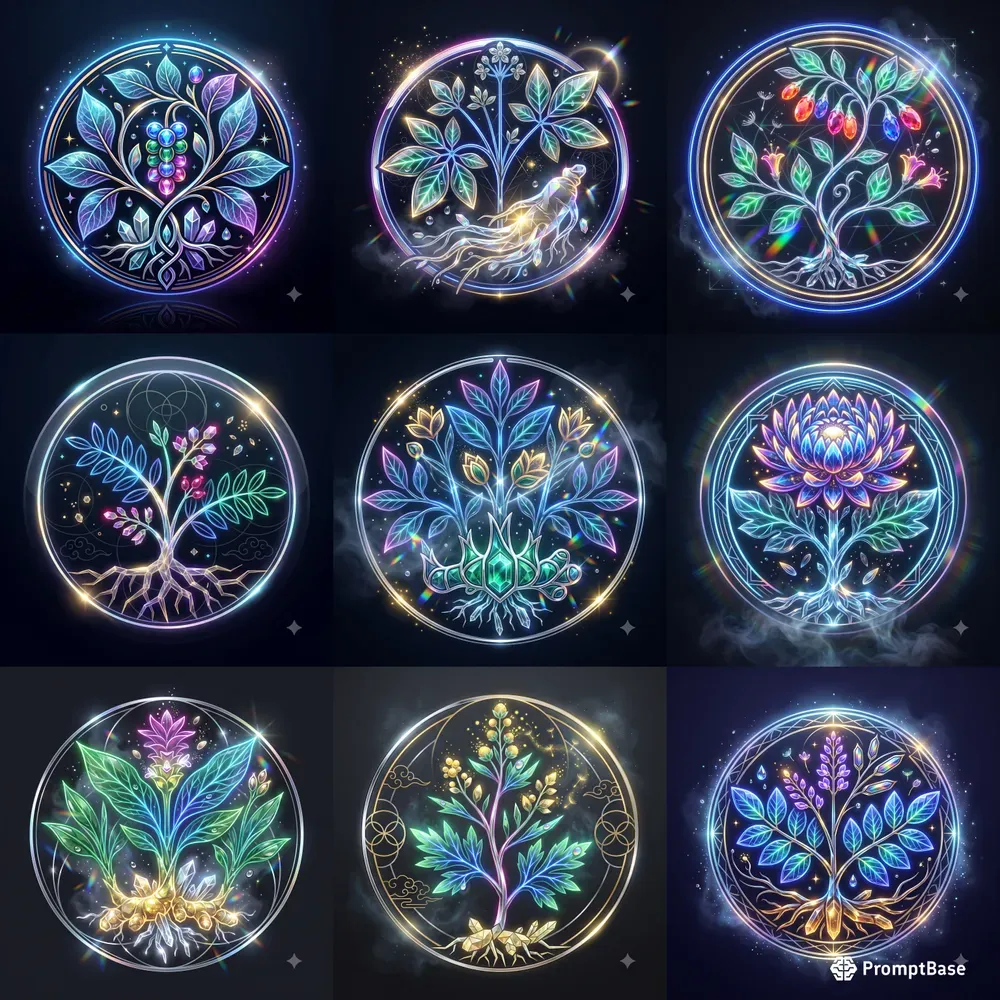 Neon Crystal Asian Herb Emblems