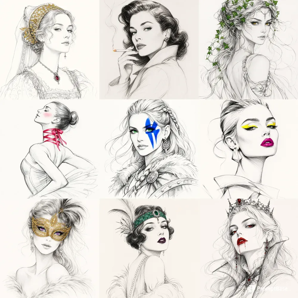 Vintage Line Art Color Pop Portraits
