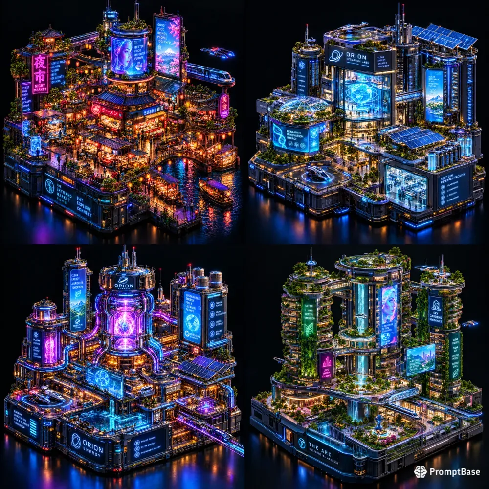 3D Isometric Cyberpunk Arcology Dioramas
