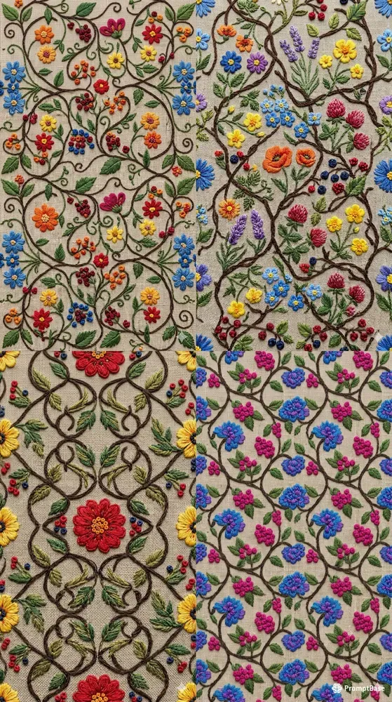 Embroidered Floral Tiles On Linen Fabric