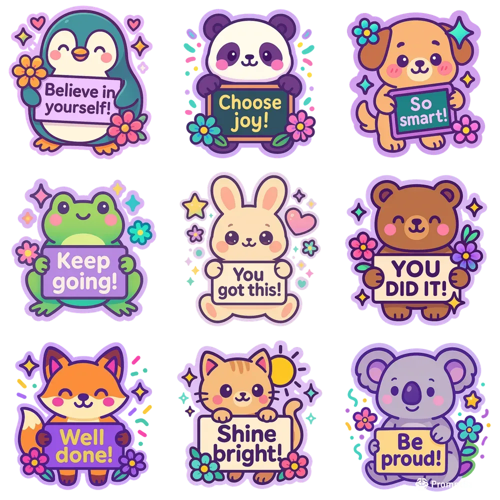 Kawaii Motivational Stickers Cute Quotes ChatGPT Image Prompt | PromptBase, image size:1000x1000