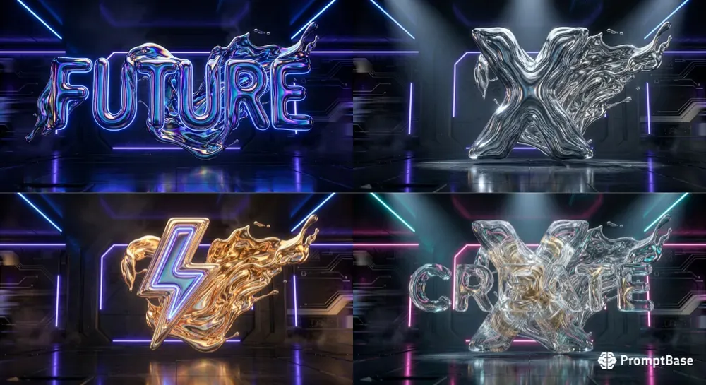 3D Liquid Chrome Neon Typographic Art