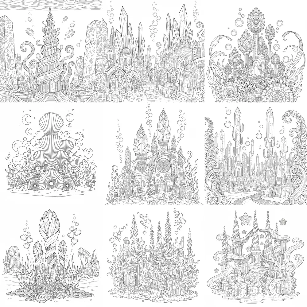Surreal Underwater City Coloring Art