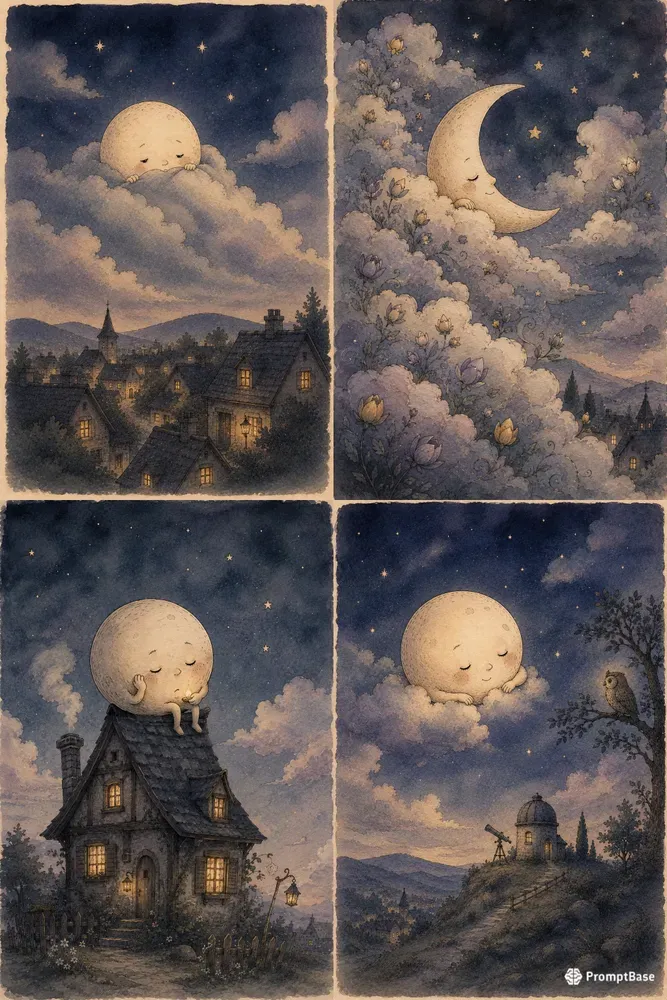 Sleepy Moon Ink Wash Storybook Art