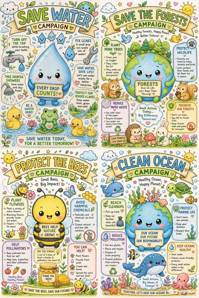 Cute Ecofriendly Kawaii Coloring Posters