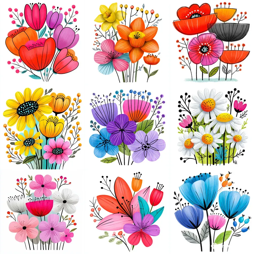 Abstract Floral Bouquets Vibrant Colors