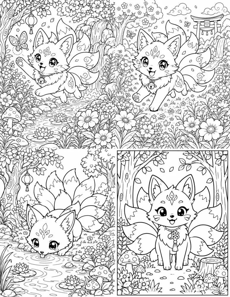 Kawaii Kitsune Fox Coloring Book Pages