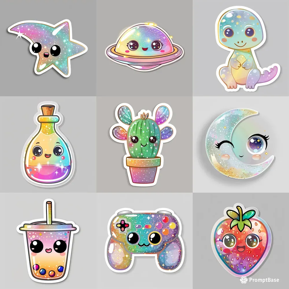 Glittery Rainbow Kawaii Stickers