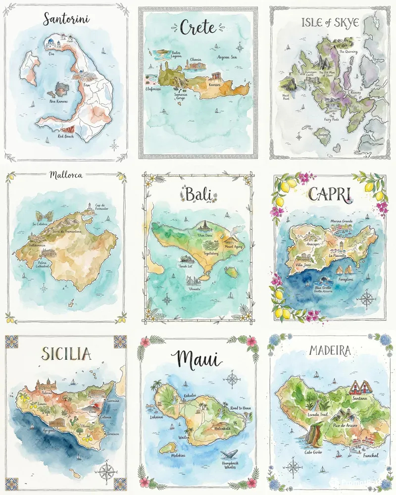 Watercolor Ink Island Travel Maps