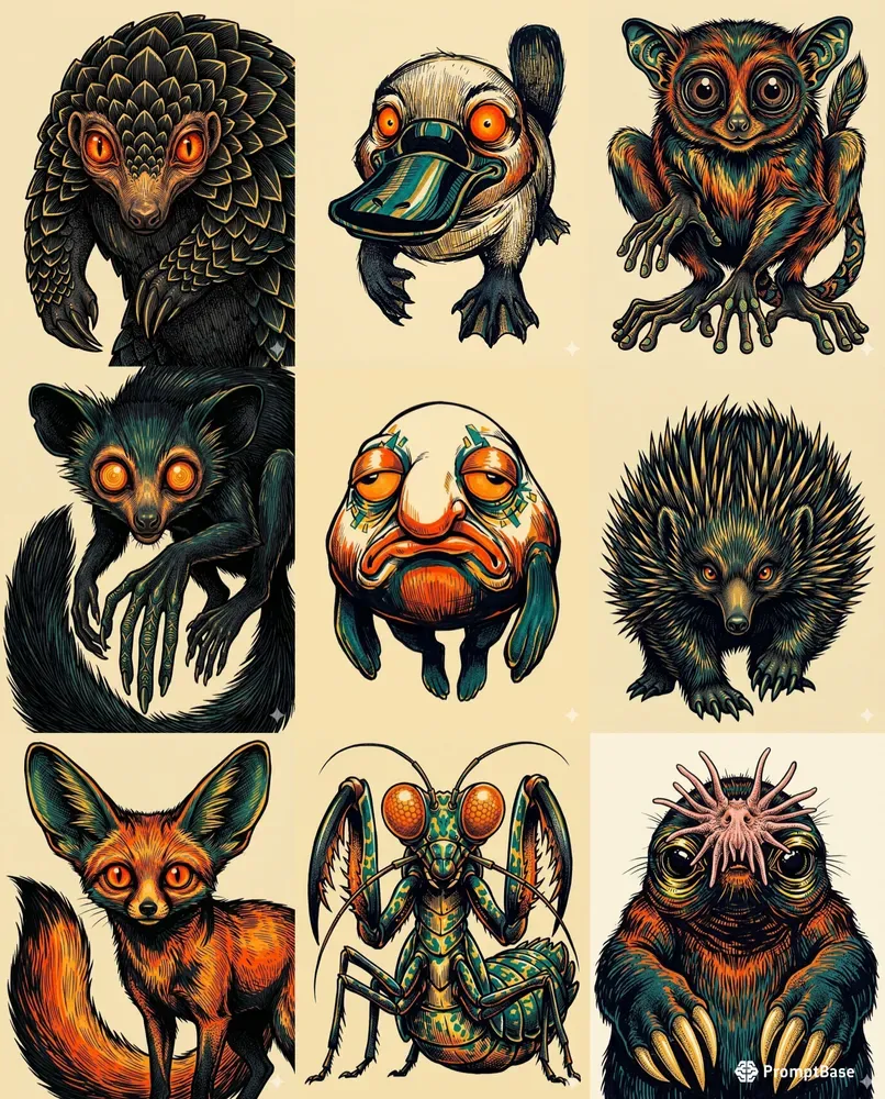 Stylized Animal Ink Poster Art