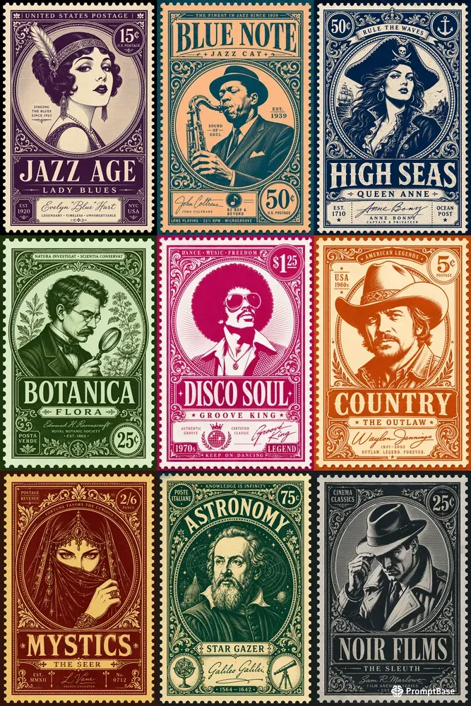Vintage Duotone Postage Stamp Art