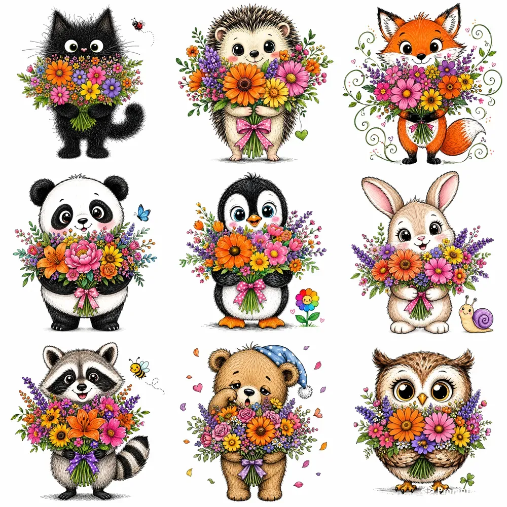 Whimsical Cute Animal Floral Art
