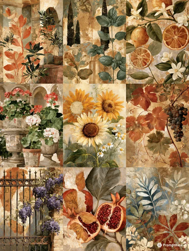 Mediterranean Fresco Botanical Collages