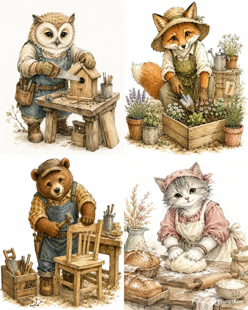 Whimsical Working Animals Watercolors