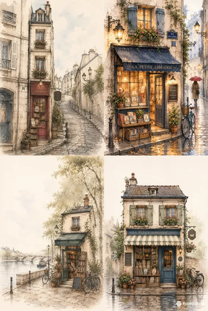 Tiny Paris Bookstores Ink Wash Art