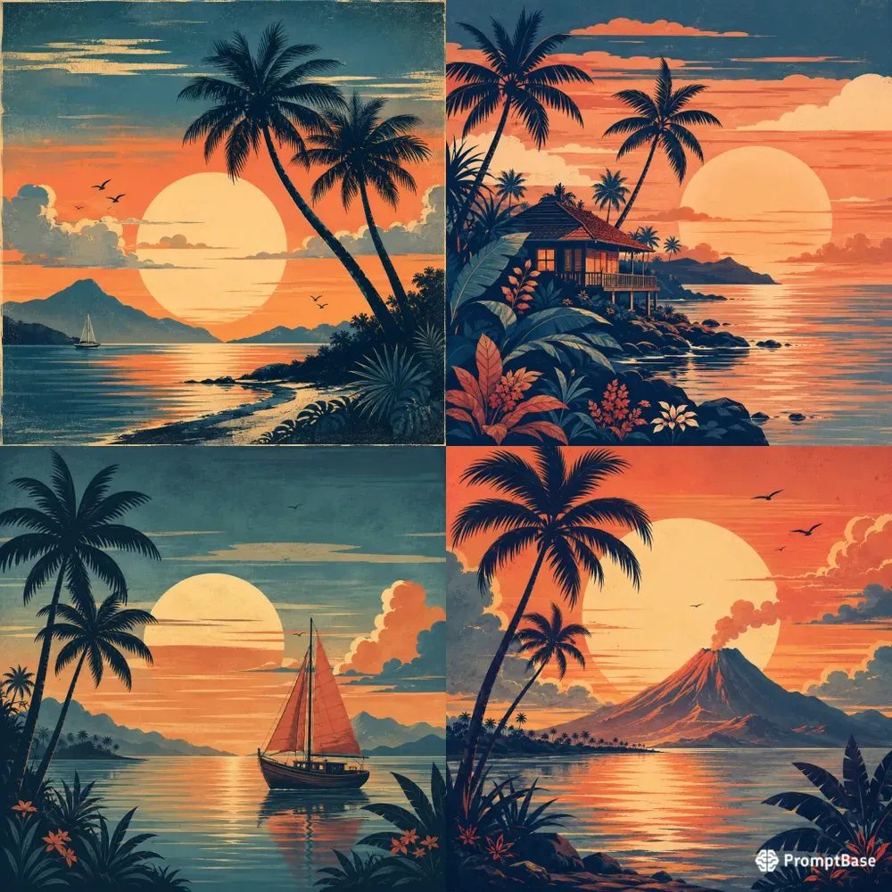 Retro Tropical Sunset Art