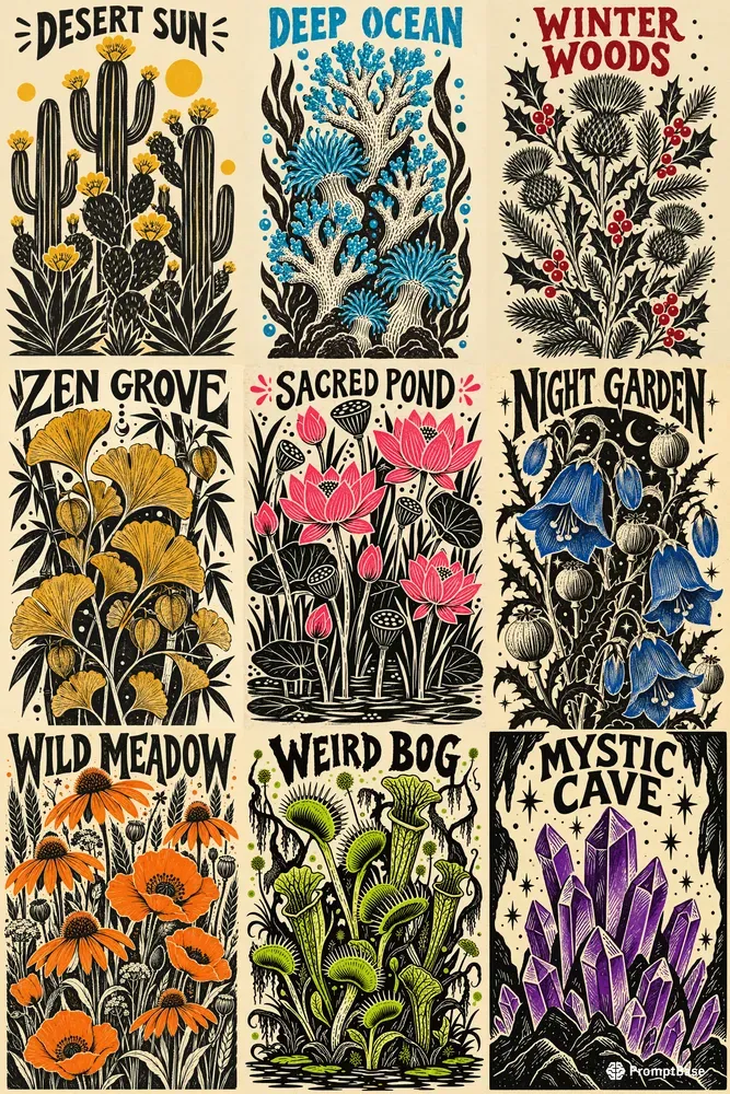 Folk Art Linocut Botanical Posters