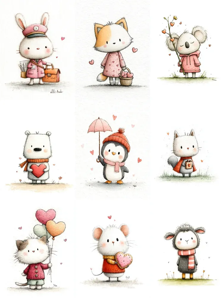 Simple Doodle Valentine Animals Clipart